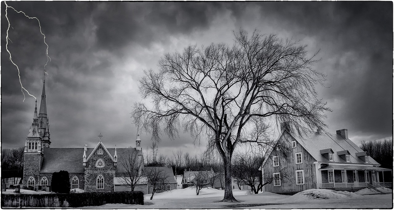 lightning, church, tree