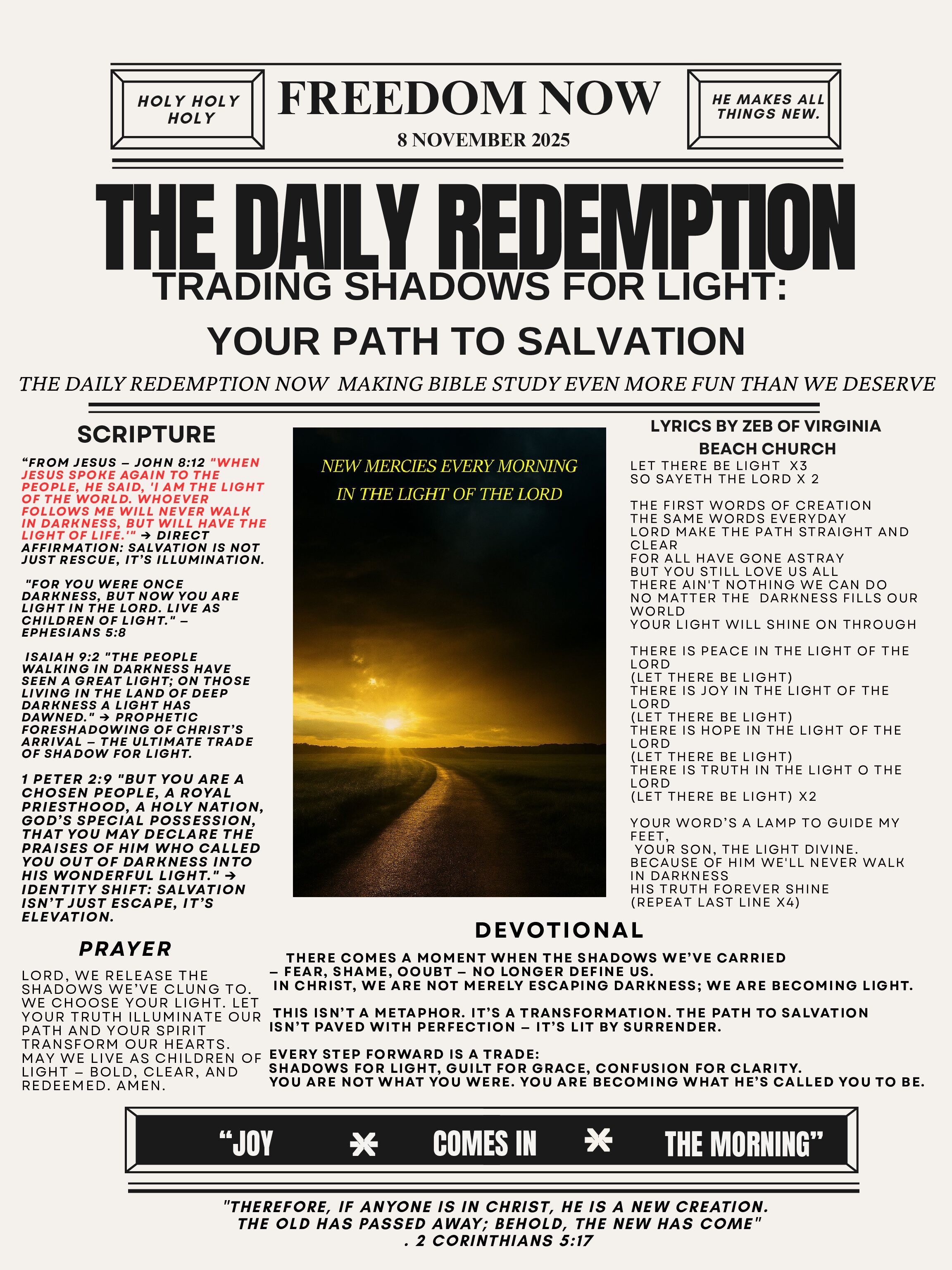 Trading Shadows for Light: Your Path to Salvation -Daily Redemption bulletin for Saturday, November 8, 2025