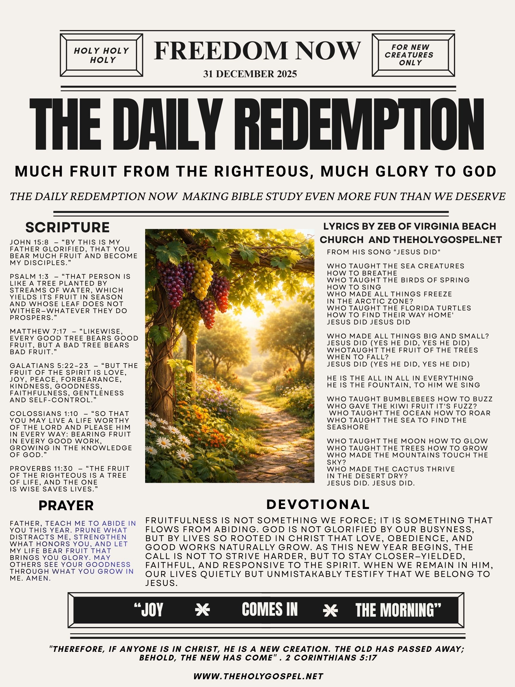 Much Fruit From The Righteous, Much Glory To God – The Daily Redemption 31 Dec 25