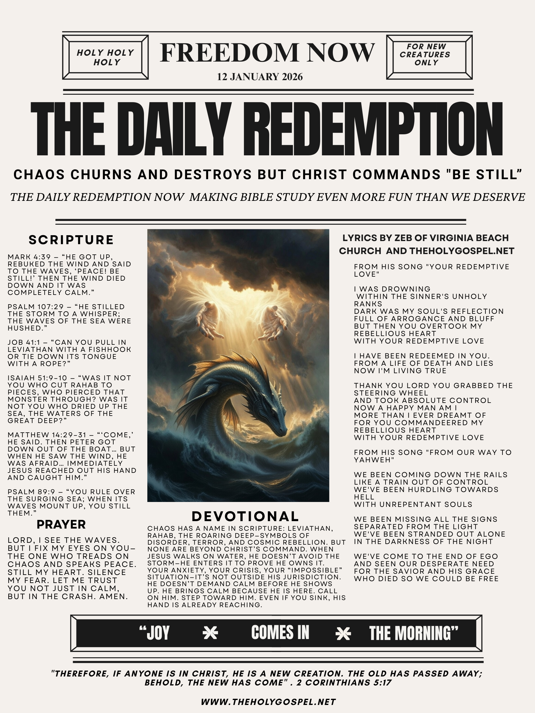 Chaos Churns and Destroys – God Commands, “Be Still” – The Daily Redemption 12 Jan 26