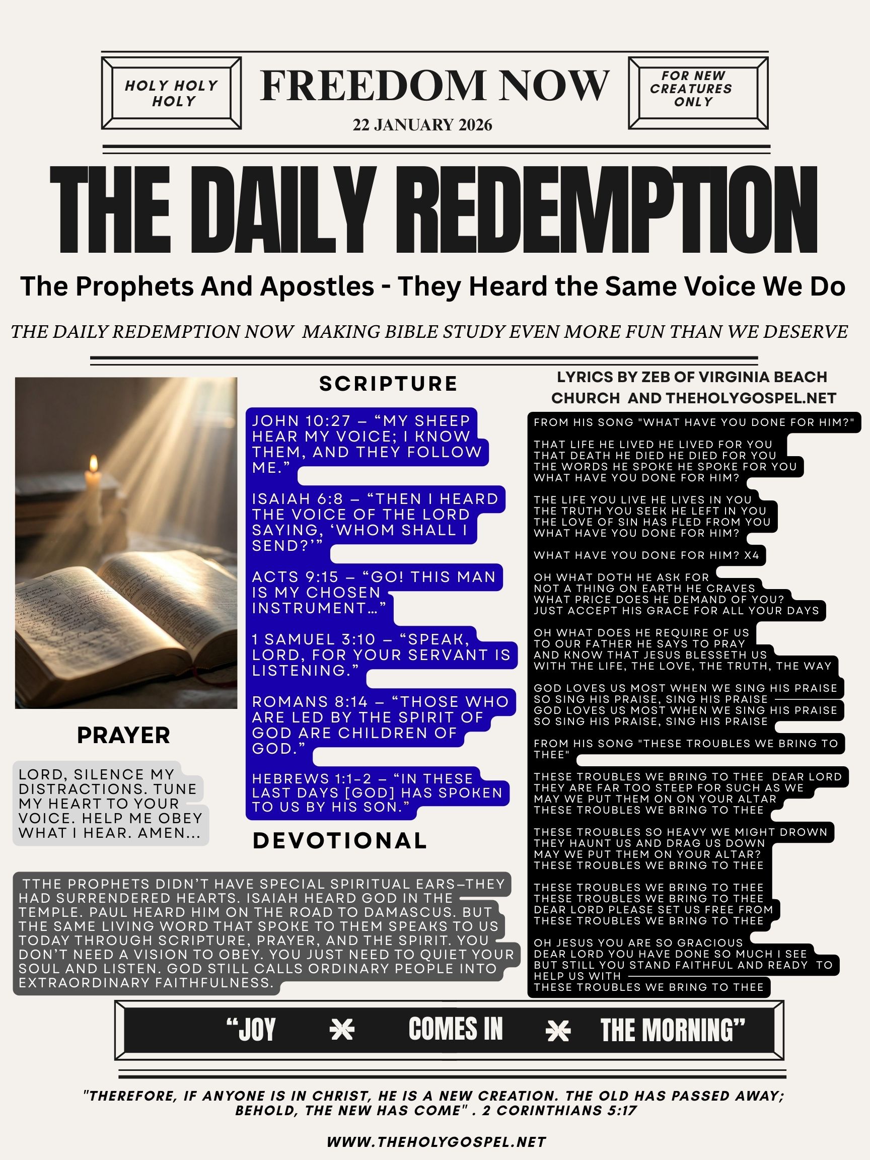 They Heard the Same Voice We Do – The Prophets And Apostles Did – The Daily Redemption Bible Bulletin 22 Jan 26