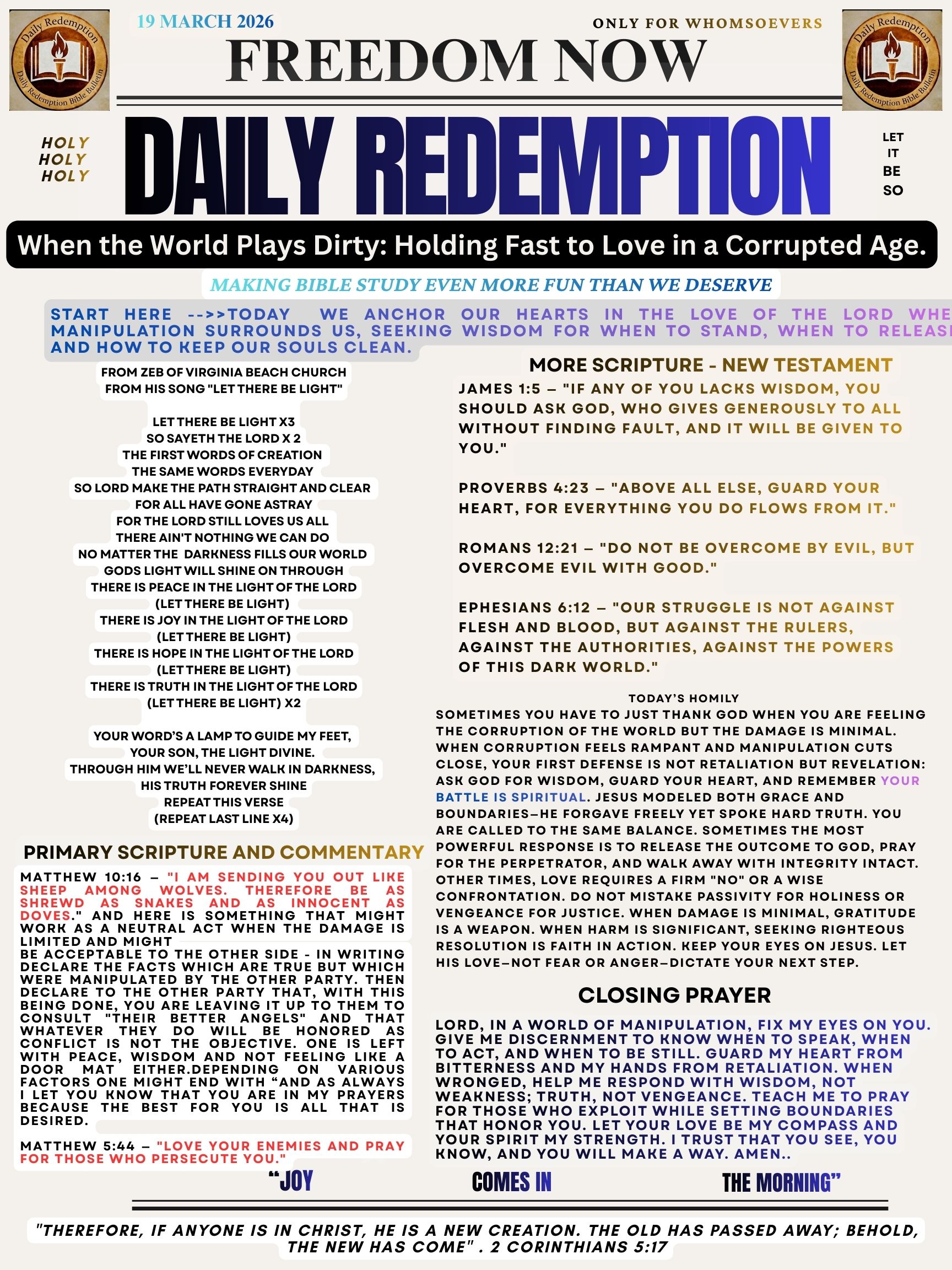 When the World Plays Dirty: Holding Fast to Love in a Corrupted Age – Daily Redemption Bible BB 19 Mar 26