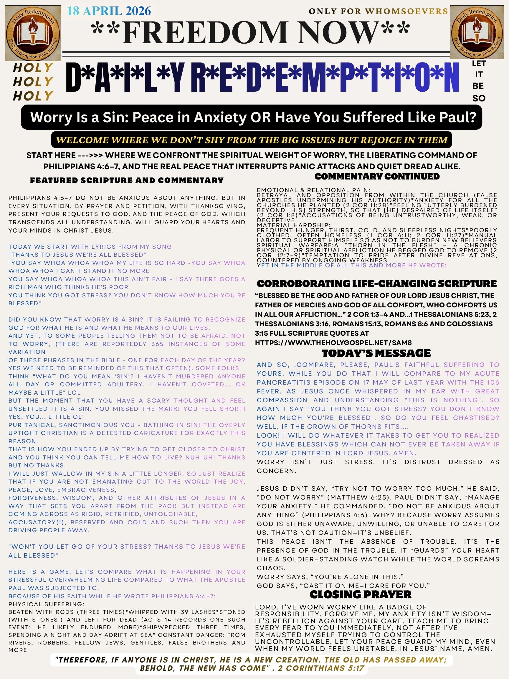 Worry Is a Sin DRBBB 18 April 26 Peace in Anxiety OR Have You Suffered Like Paul?
