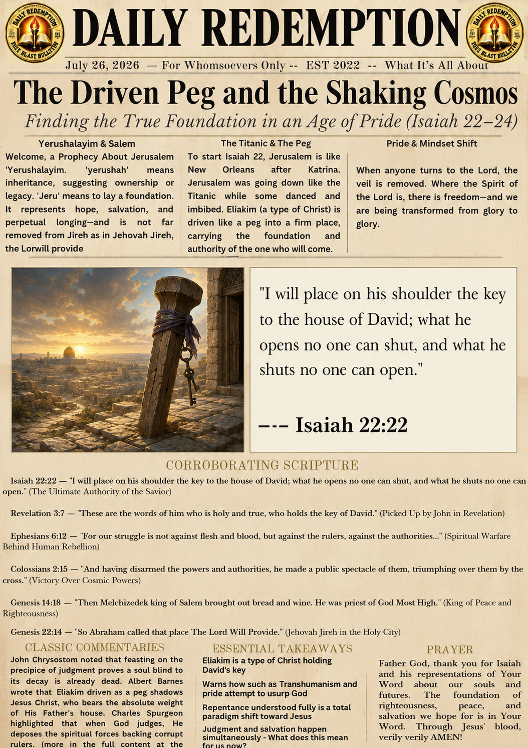 The Driven Peg and the Shaking Cosmos:True Foundation And Repentance In An Age of Pride (Isaiah 22–24)